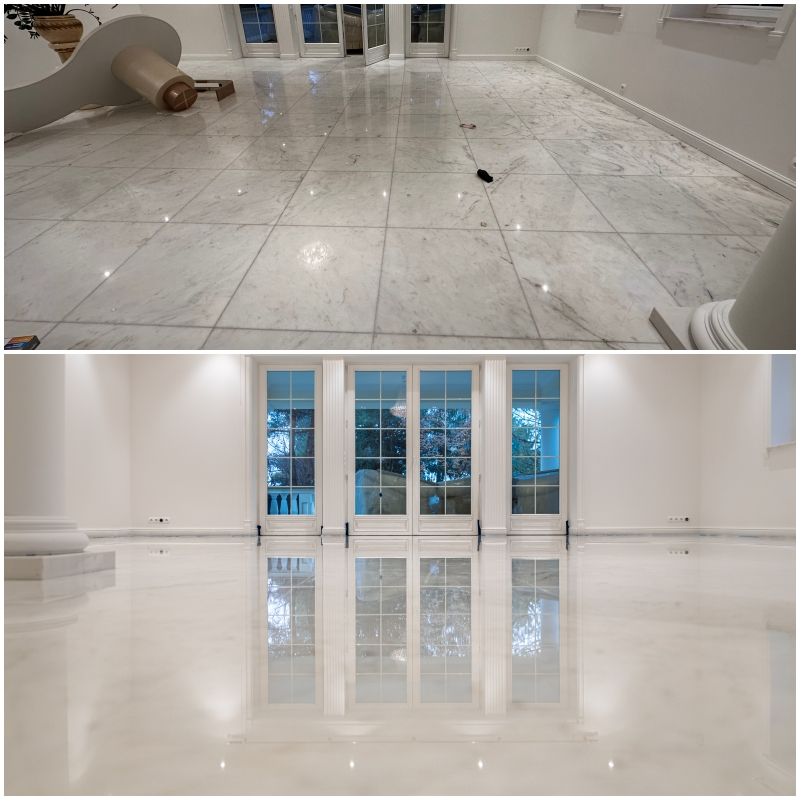 renowacja podłogi z kamienia przed i po