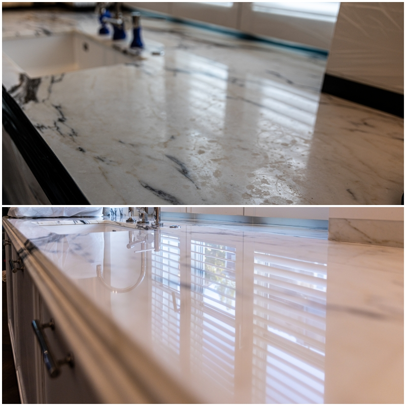 renowacja kamiennego blatu kuchennego przed i po